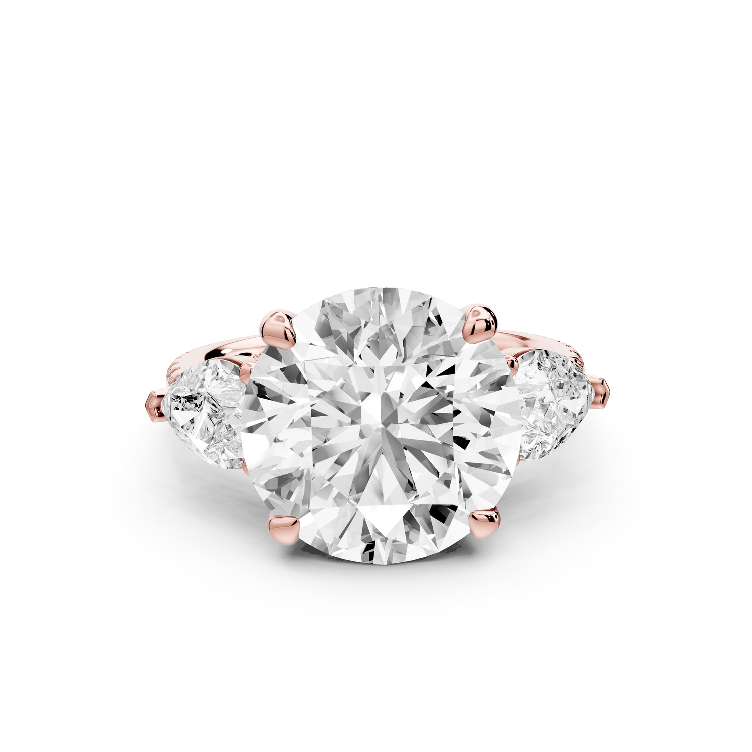 Alma - 5ct 14k rose gold round center stone with two pear shaped diamonds and pav��. Three stone oval and pear engagment ring with Pav��