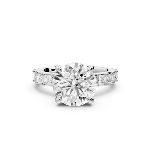 Nadia - 3ct 14k white gold round diamond with east-west emerald cut accent stones engagement ring