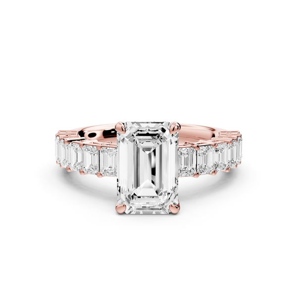 Violetta - 2ct 14k rose gold emerald diamond with emerald cut accent stones engagement ring