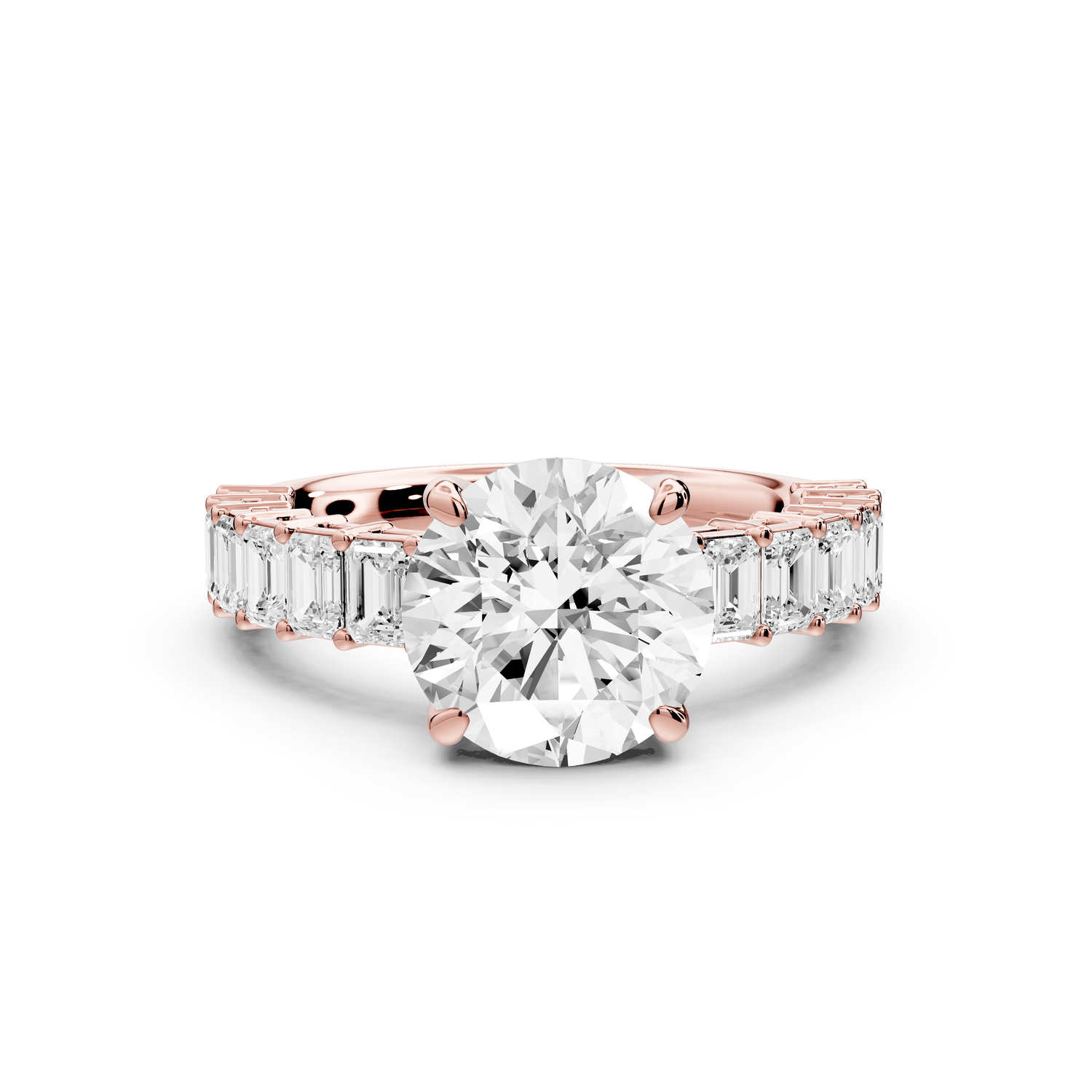 Violetta - 2ct 14k rose gold round diamond with emerald cut accent stones engagement ring