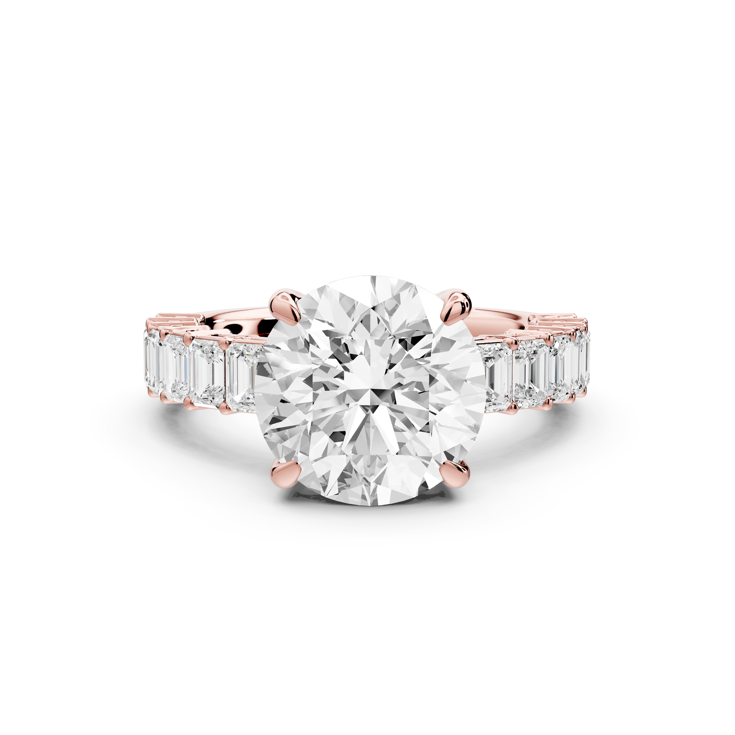 Violetta - 3ct 14k rose gold round diamond with emerald cut accent stones engagement ring