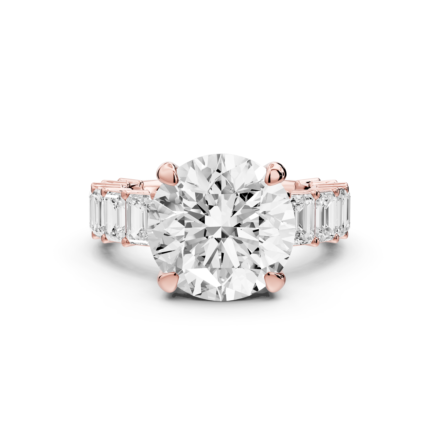 Violetta - 4ct 14k rose gold round diamond with emerald cut accent stones engagement ring
