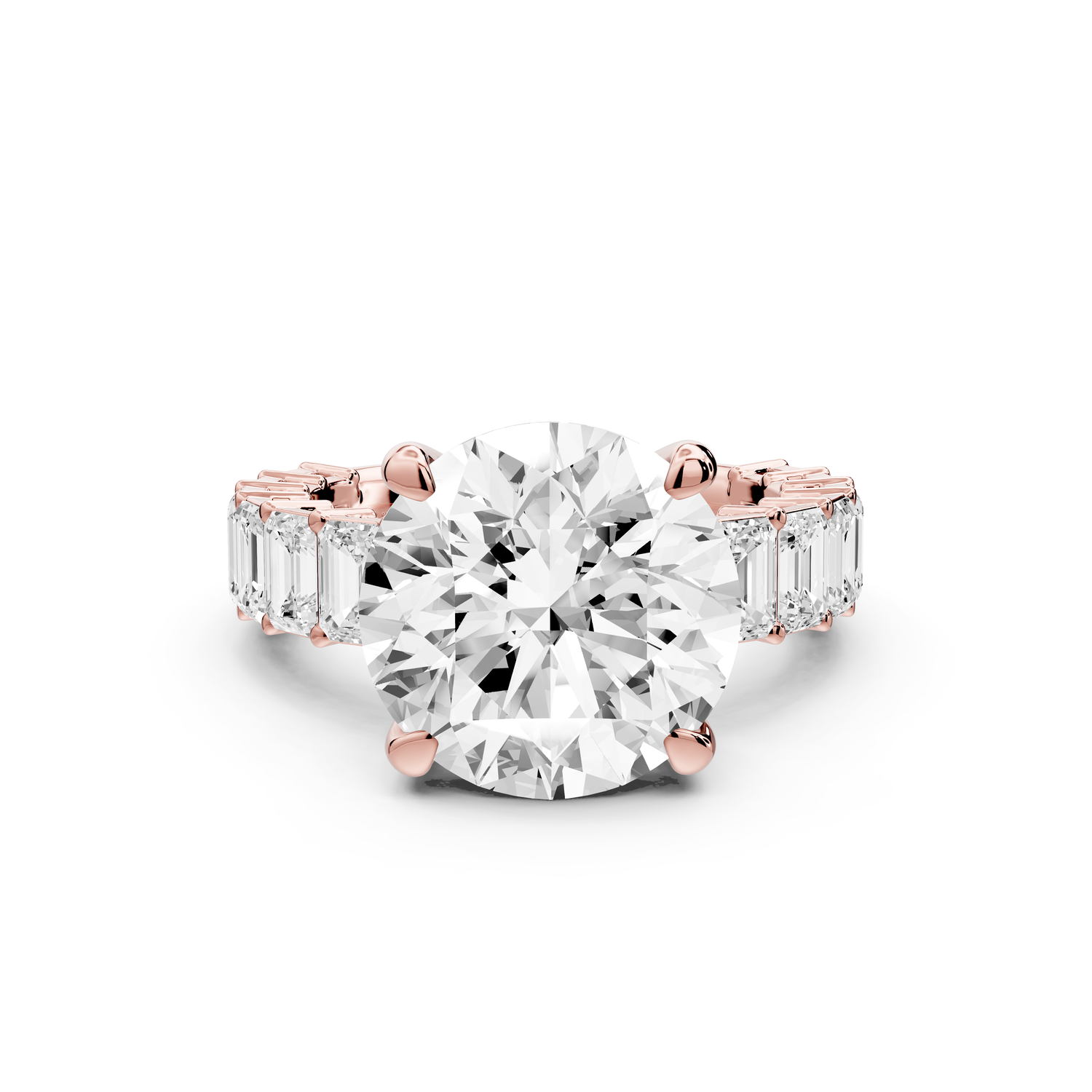 Violetta - 5ct 14k rose gold round diamond with emerald cut accent stones engagement ring