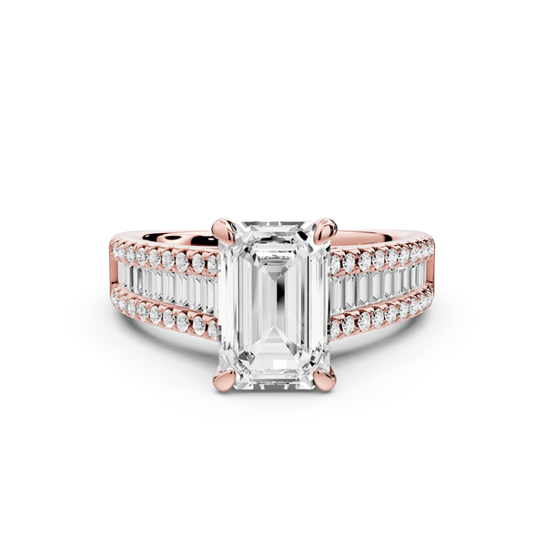 Estelle - 2ct 14k rose gold emerald diamond with emerald and round cut accent stones half band cathedral engagement ring