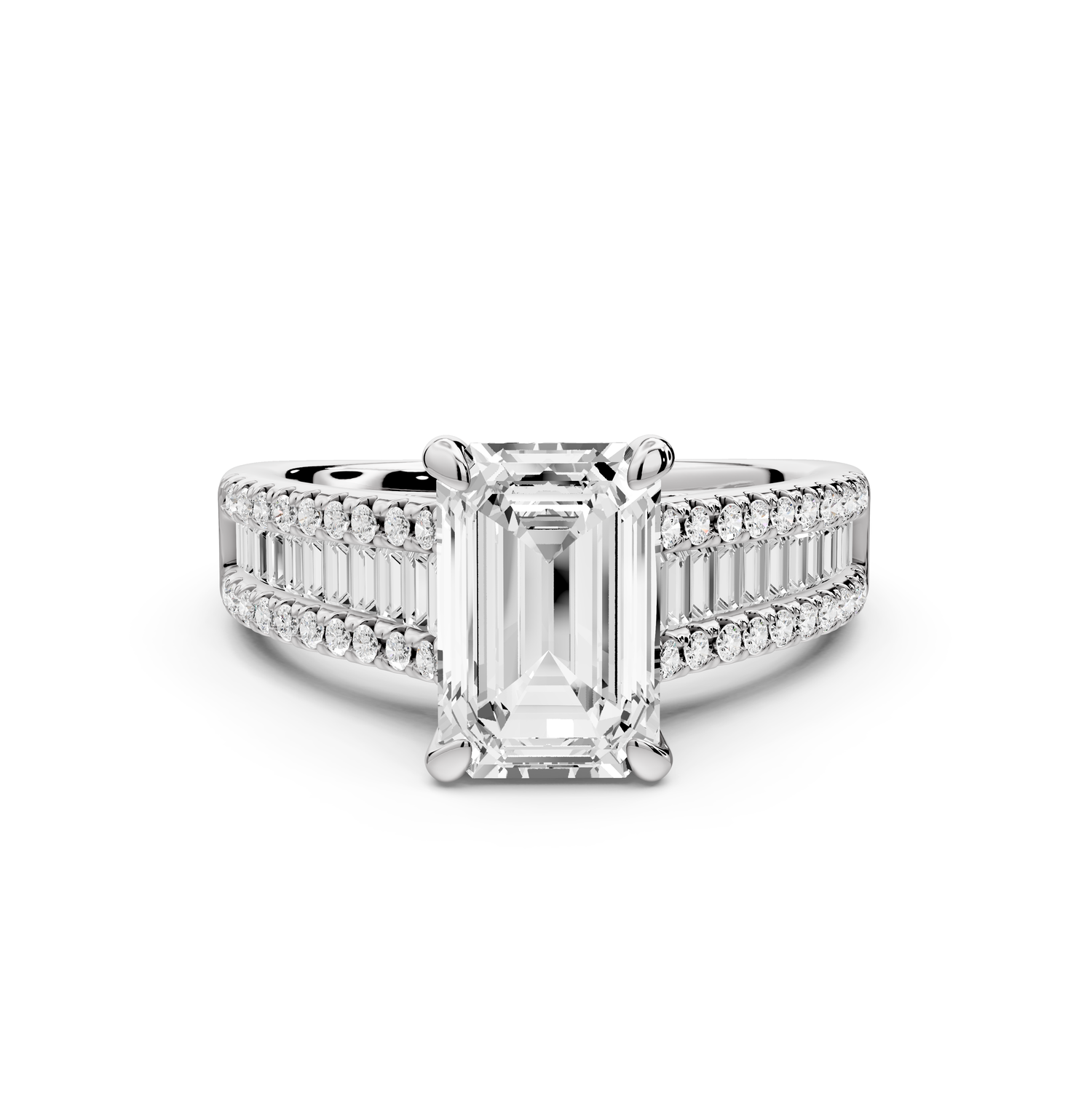 Estelle - 2ct 14k white gold emerald diamond with emerald and round cut accent stones half band cathedral engagement ring