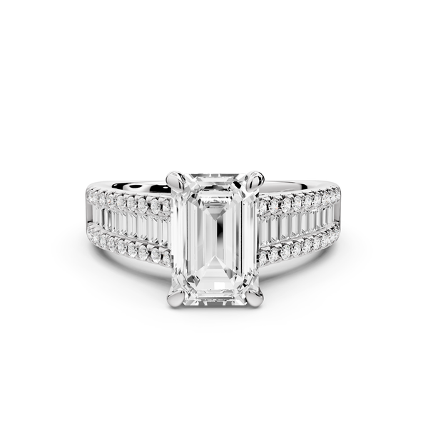 Estelle - 2ct 14k white gold emerald diamond with emerald and round cut accent stones half band cathedral engagement ring