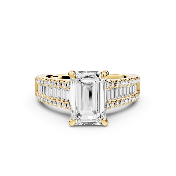 Estelle - 2ct 14k yellow gold emerald diamond with emerald and round cut accent stones half band cathedral engagement ring