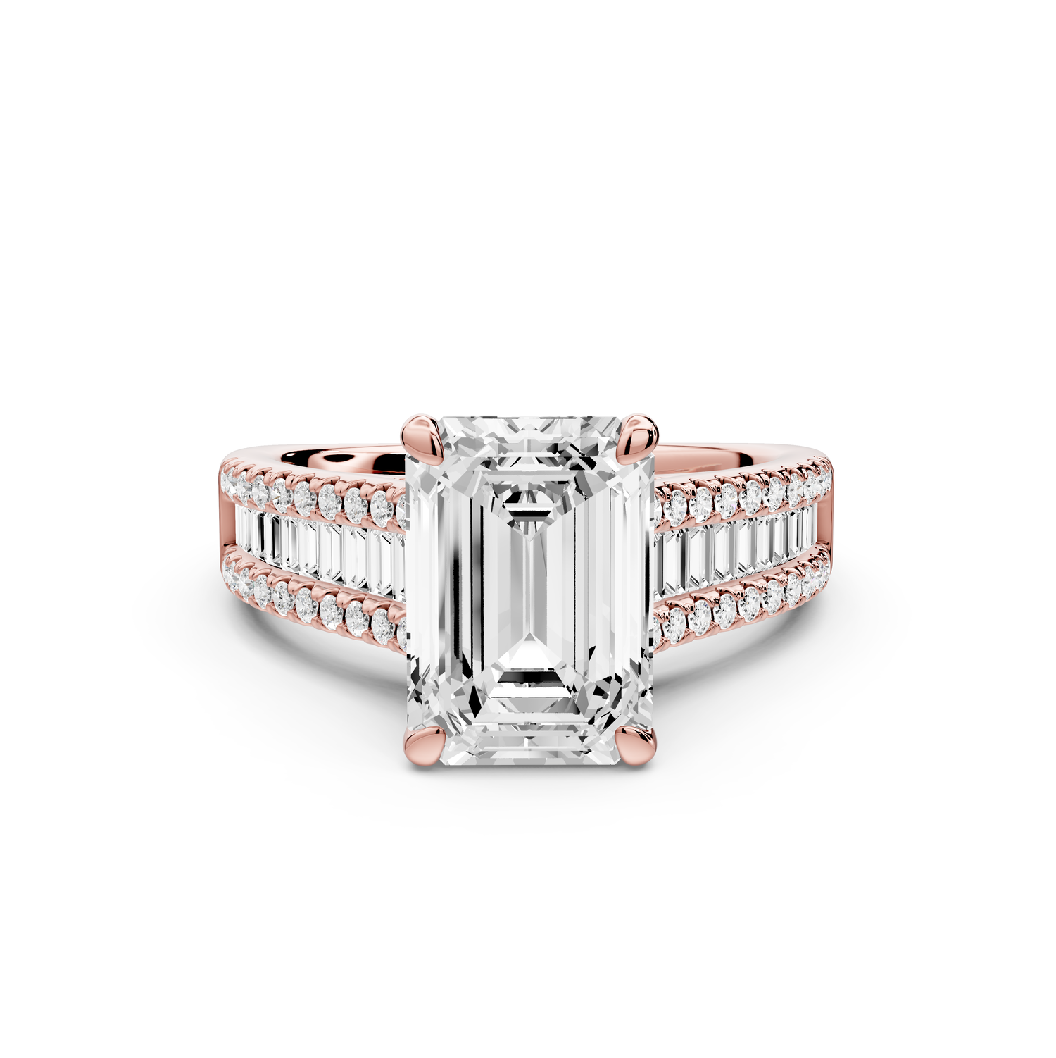 Estelle - 3ct 14k rose gold emerald diamond with emerald and round cut accent stones half band cathedral engagement ring