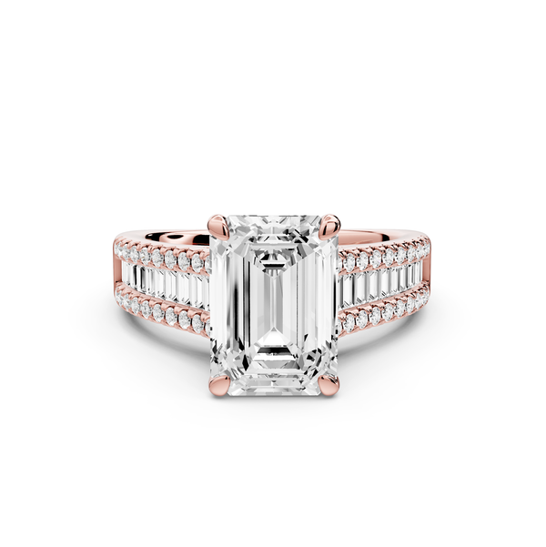 Estelle - 3ct 14k rose gold emerald diamond with emerald and round cut accent stones half band cathedral engagement ring