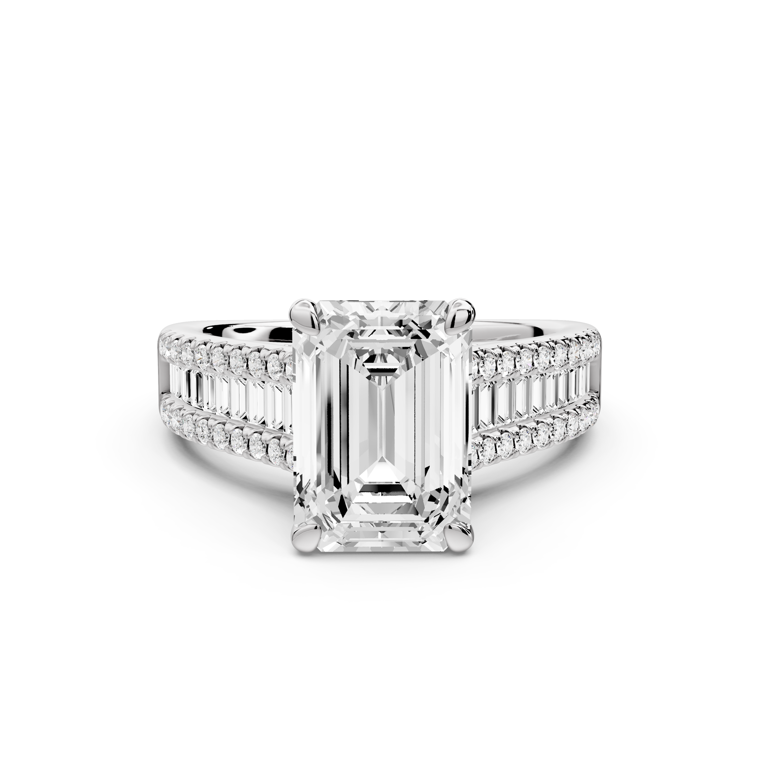 Estelle - 3ct 14k white gold emerald diamond with emerald and round cut accent stones half band cathedral engagement ring