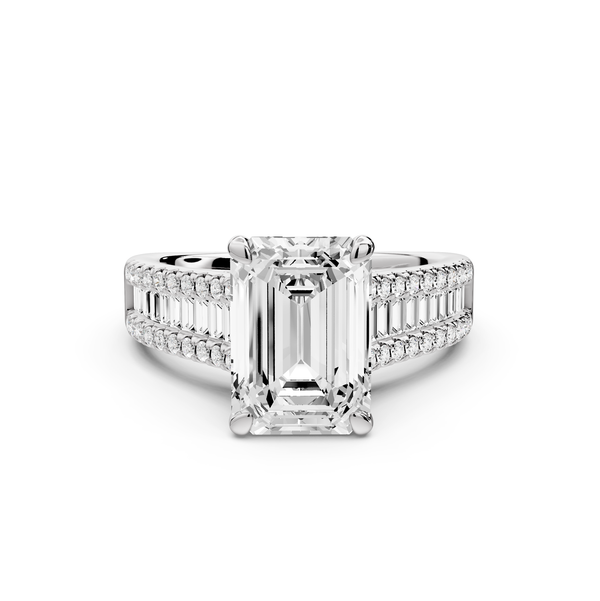 Estelle - 3ct 14k white gold emerald diamond with emerald and round cut accent stones half band cathedral engagement ring