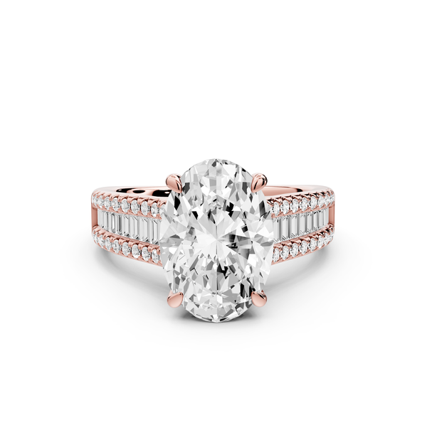 Estelle - 3ct 14k rose gold oval diamond with emerald and round cut accent stones half band cathedral engagement ring