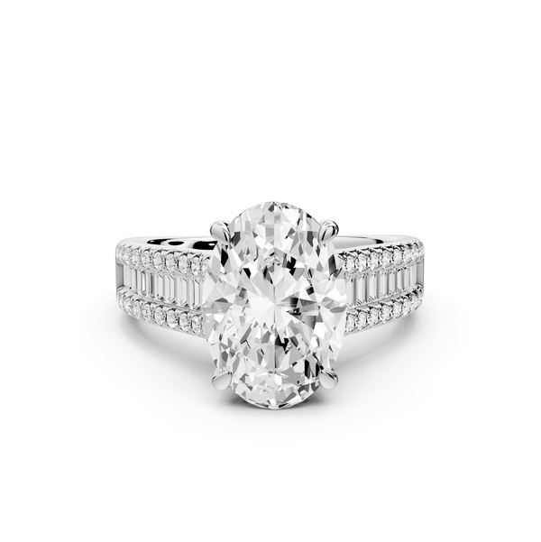 Estelle - 3ct 14k white gold oval diamond with emerald and round cut accent stones half band cathedral engagement ring