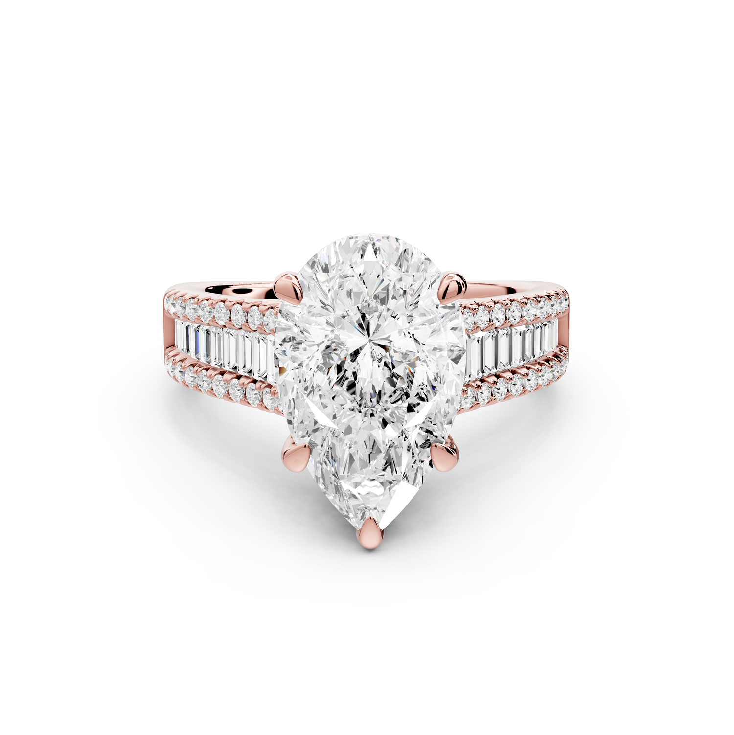 Estelle - 3ct 14k rose gold pear diamond with emerald and round cut accent stones half band cathedral engagement ring