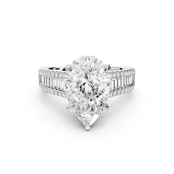 Estelle - 3ct 14k white gold pear diamond with emerald and round cut accent stones half band cathedral engagement ring