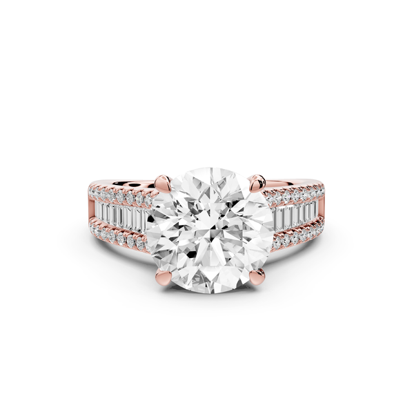 Estelle - 3ct 14k rose gold round diamond with emerald and round cut accent stones half band cathedral engagement ring
