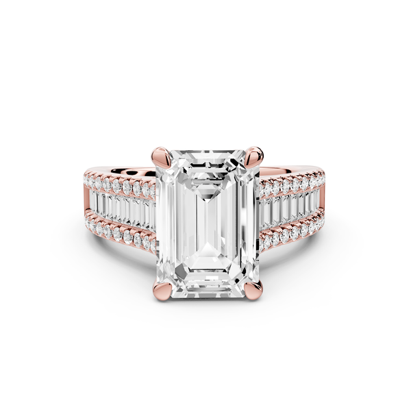 Estelle - 4ct 14k rose gold emerald diamond with emerald and round cut accent stones half band cathedral engagement ring