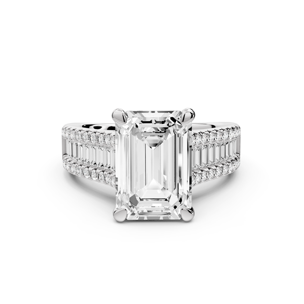 Estelle - 4ct 14k white gold emerald diamond with emerald and round cut accent stones half band cathedral engagement ring