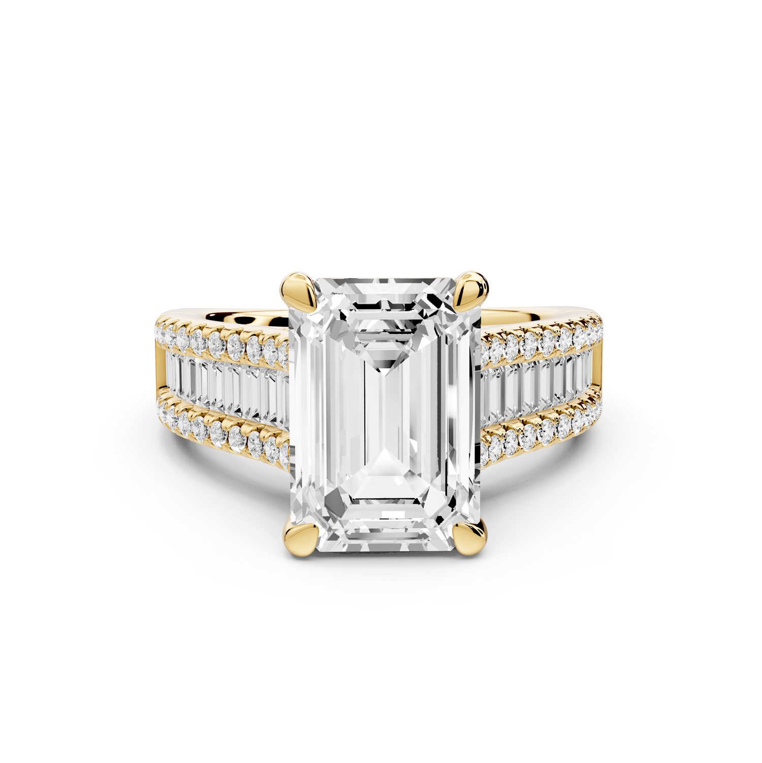 Estelle - 4ct 14k yellow gold emerald diamond with emerald and round cut accent stones half band cathedral engagement ring