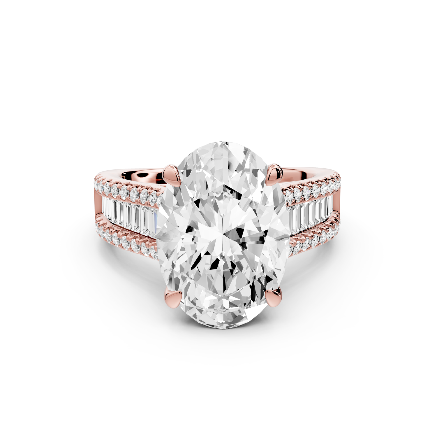 Estelle - 4ct 14k rose gold oval diamond with emerald and round cut accent stones half band cathedral engagement ring