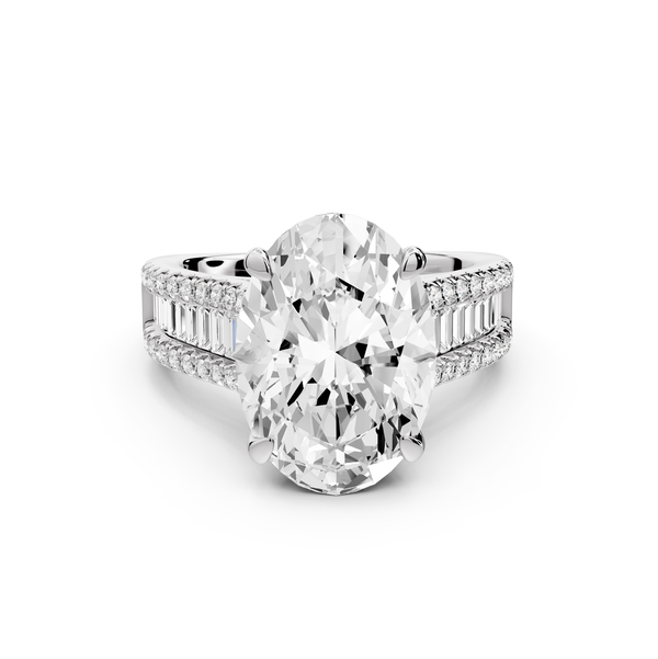 Estelle - 4ct 14k white gold oval diamond with emerald and round cut accent stones half band cathedral engagement ring