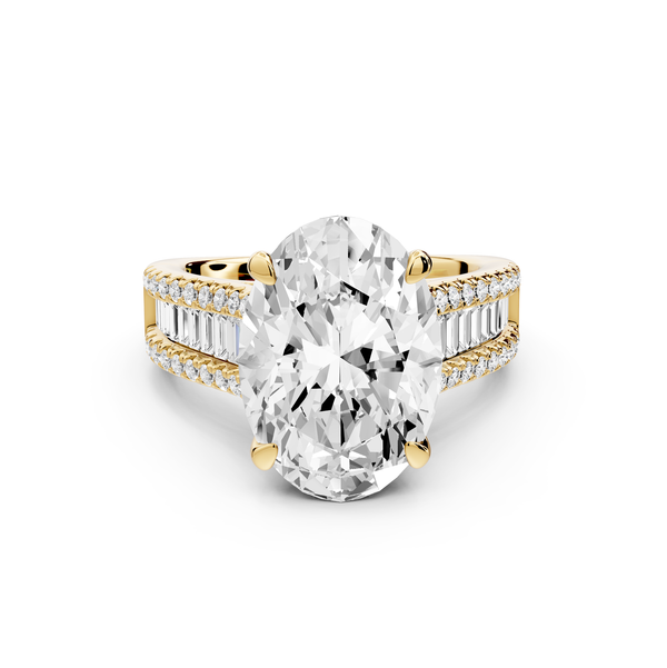 Estelle - 4ct 14k yellow gold oval diamond with emerald and round cut accent stones half band cathedral engagement ring