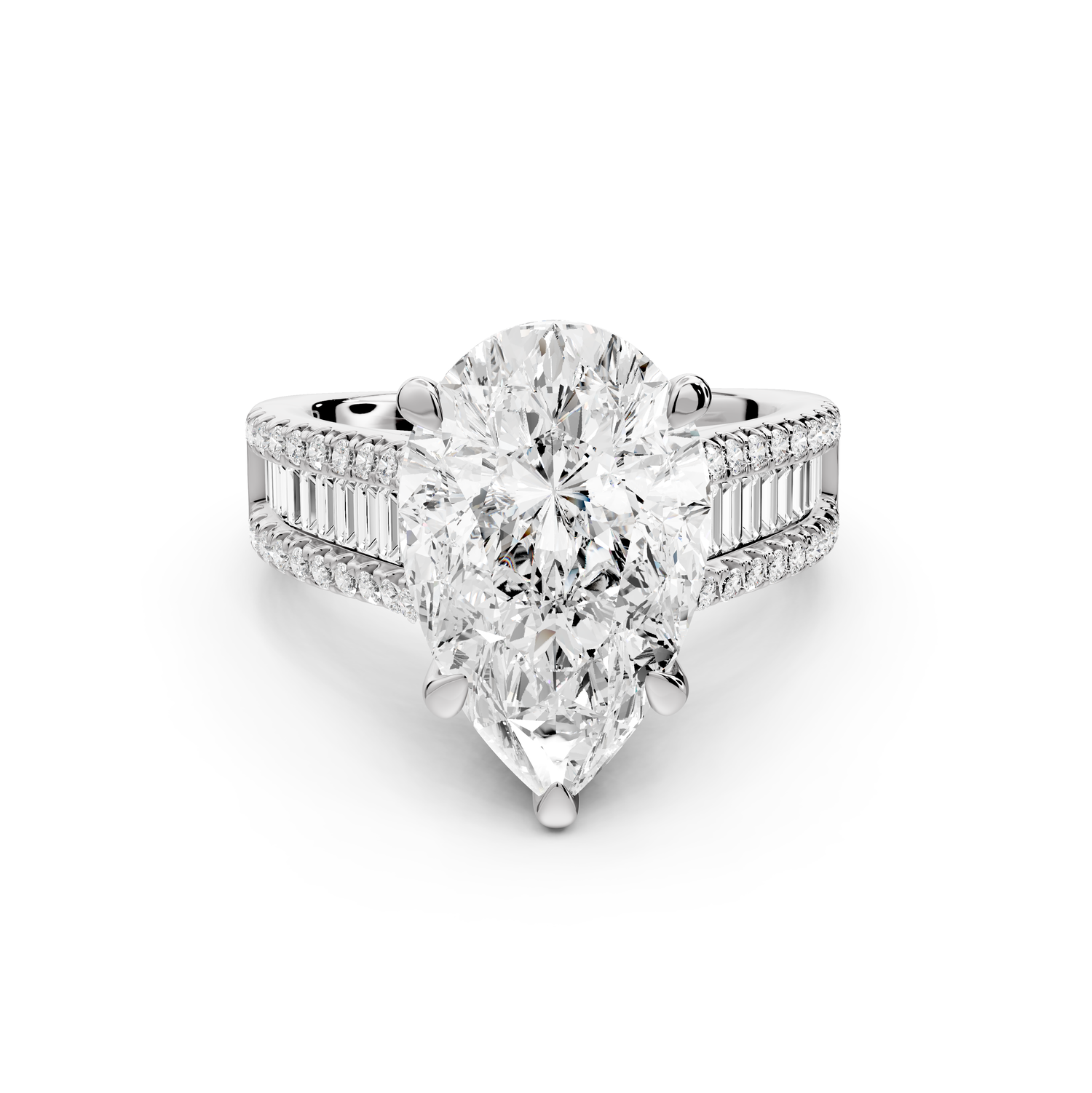 Estelle - 4ct 14k white gold pear diamond with emerald and round cut accent stones half band cathedral engagement ring
