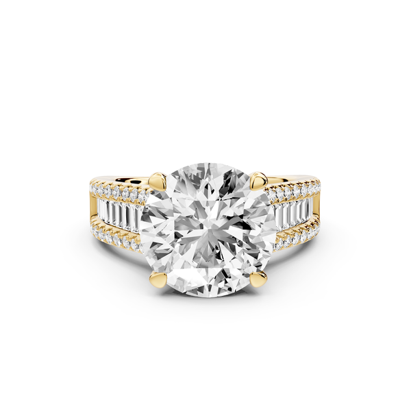 Estelle - 4ct 14k yellow gold round diamond with emerald and round cut accent stones half band cathedral engagement ring