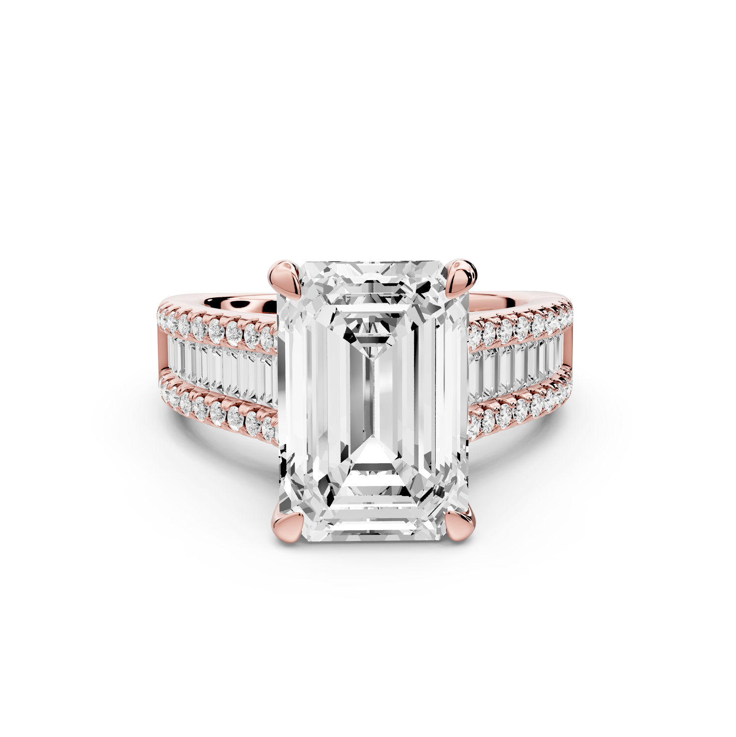 Estelle - 5ct 14k rose gold emerald diamond with emerald and round cut accent stones half band cathedral engagement ring