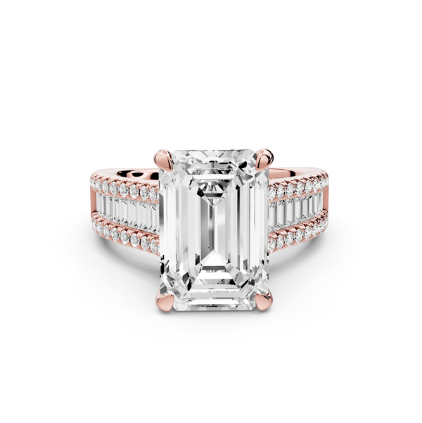 Estelle - 5ct 14k rose gold emerald diamond with emerald and round cut accent stones half band cathedral engagement ring
