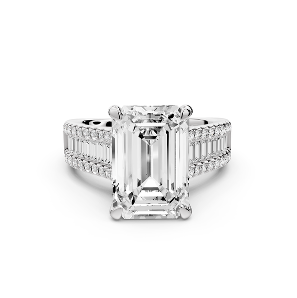 Estelle - 5ct 14k white gold emerald diamond with emerald and round cut accent stones half band cathedral engagement ring