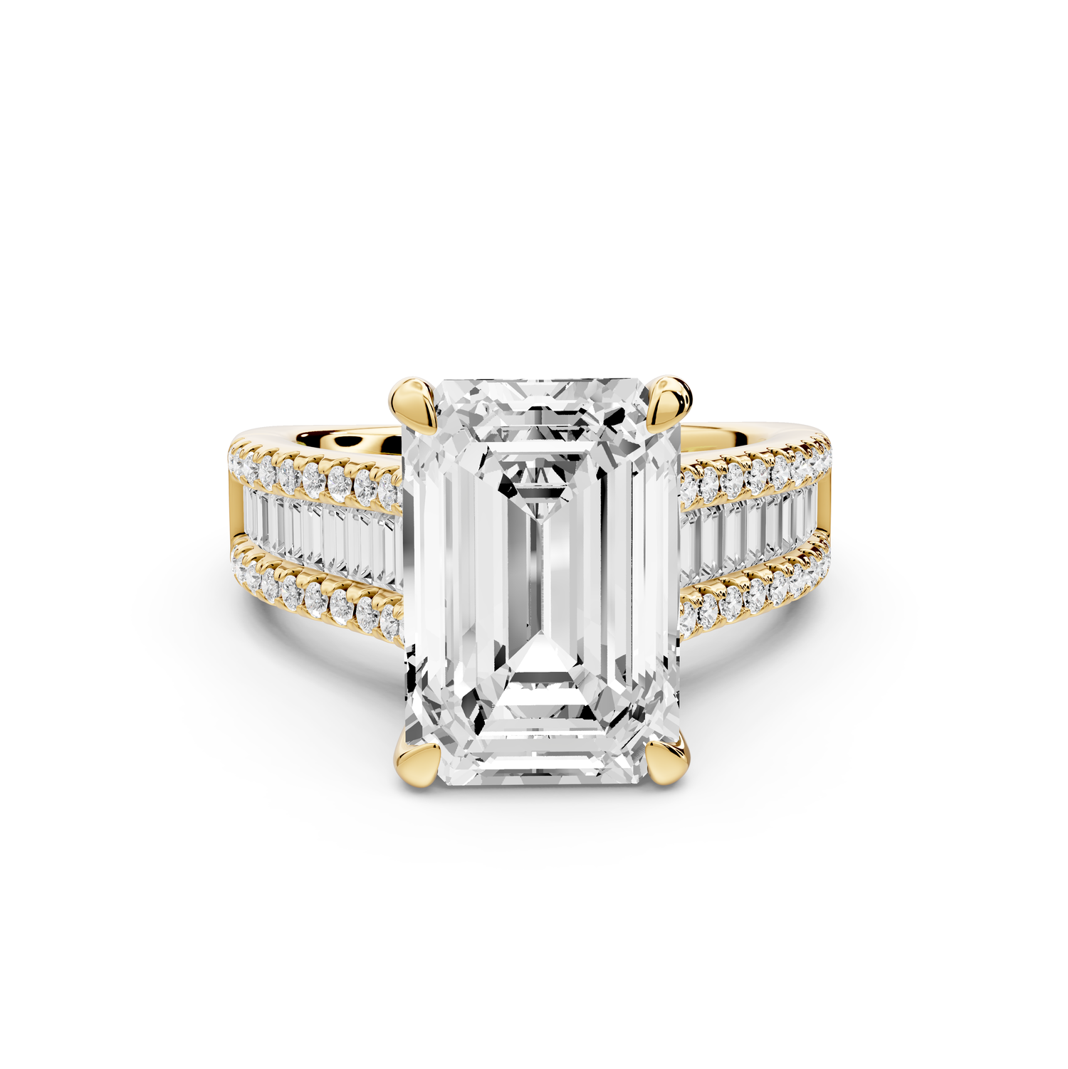 Estelle - 5ct 14k yellow gold emerald diamond with emerald and round cut accent stones half band cathedral engagement ring