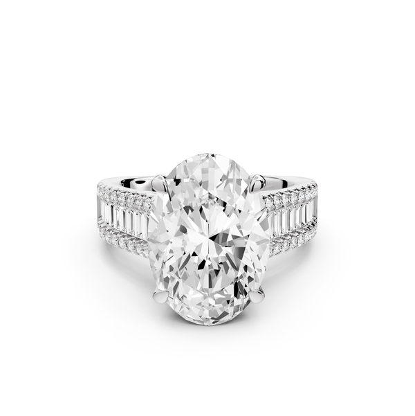 Estelle - 5ct 14k white gold oval diamond with emerald and round cut accent stones half band cathedral engagement ring