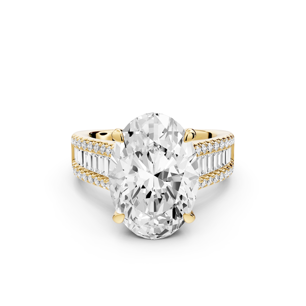 Estelle - 5ct 14k yellow gold oval diamond with emerald and round cut accent stones half band cathedral engagement ring