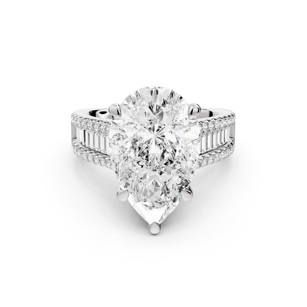 Estelle - 5ct 14k white gold pear diamond with emerald and round cut accent stones half band cathedral engagement ring
