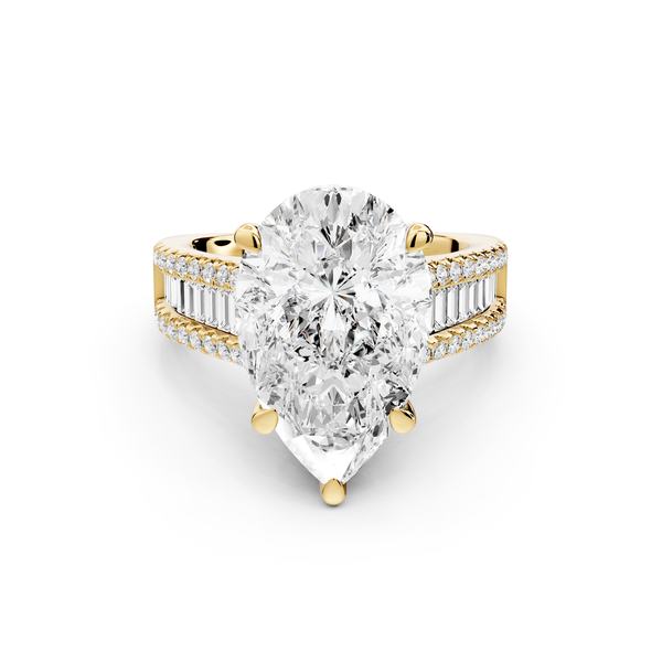Estelle - 5ct 14k yellow gold pear diamond with emerald and round cut accent stones half band cathedral engagement ring