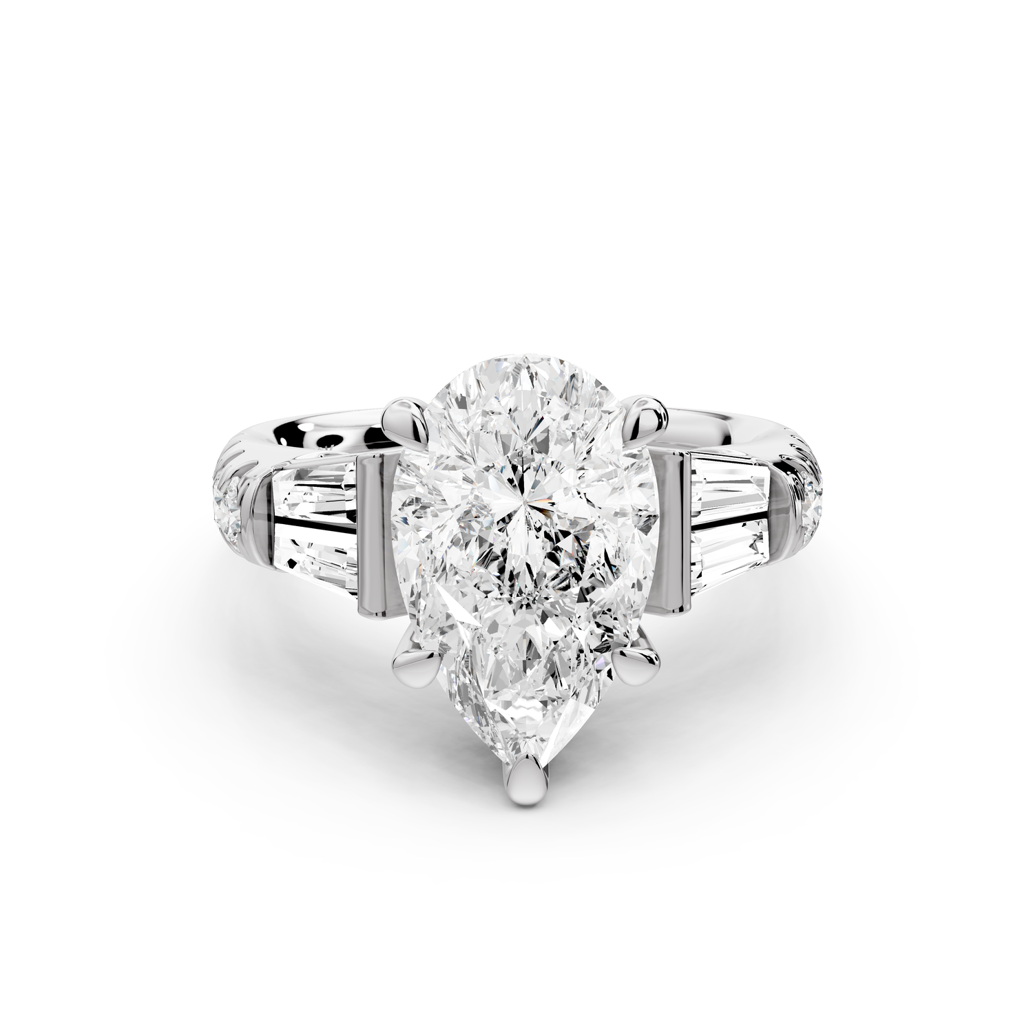 Aria - 3ct platinum pear Diamond with tapered baguettes and round accent stones Engagement ring
