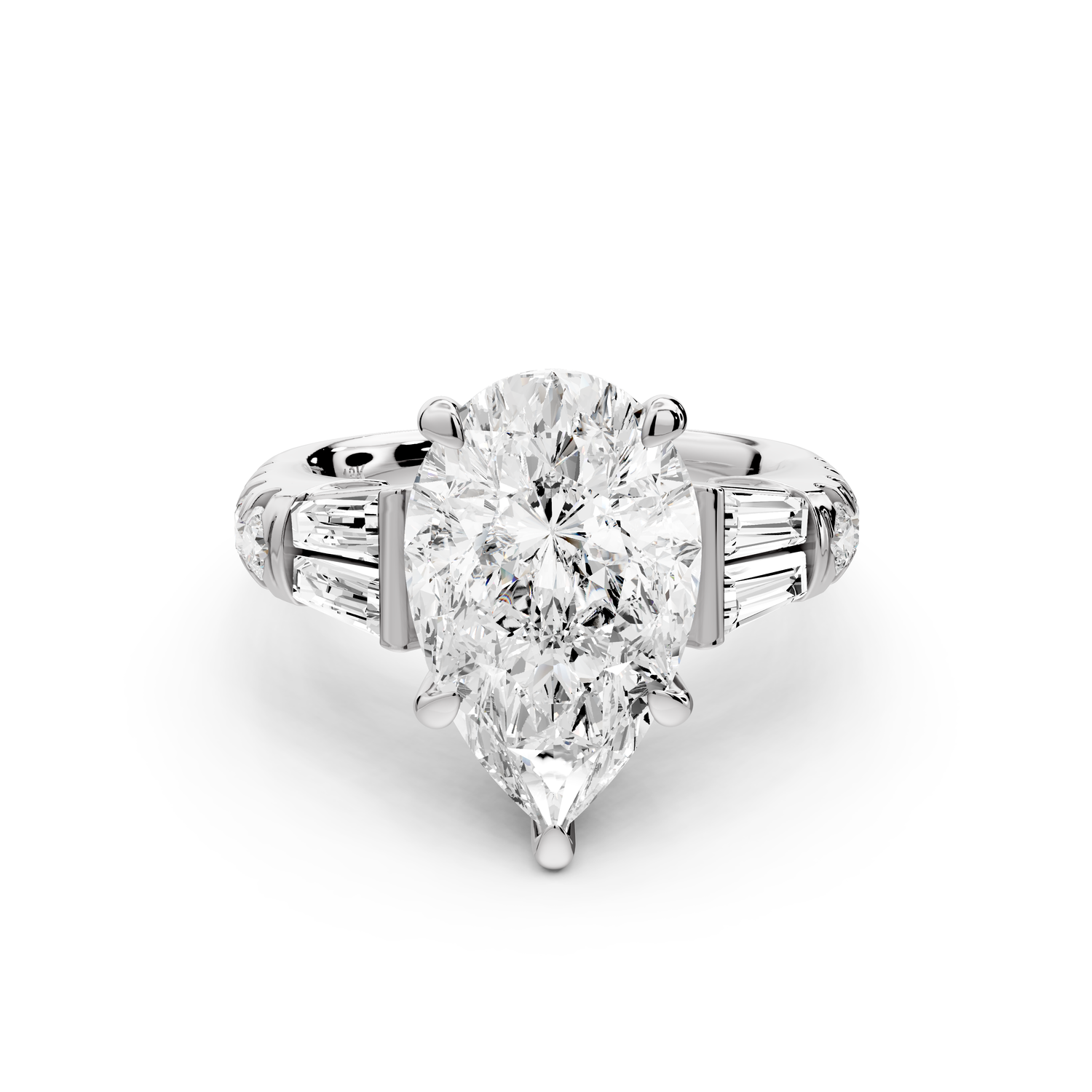Aria - 4ct 14k white gold pear Diamond with tapered baguettes and round accent stones Engagement ring