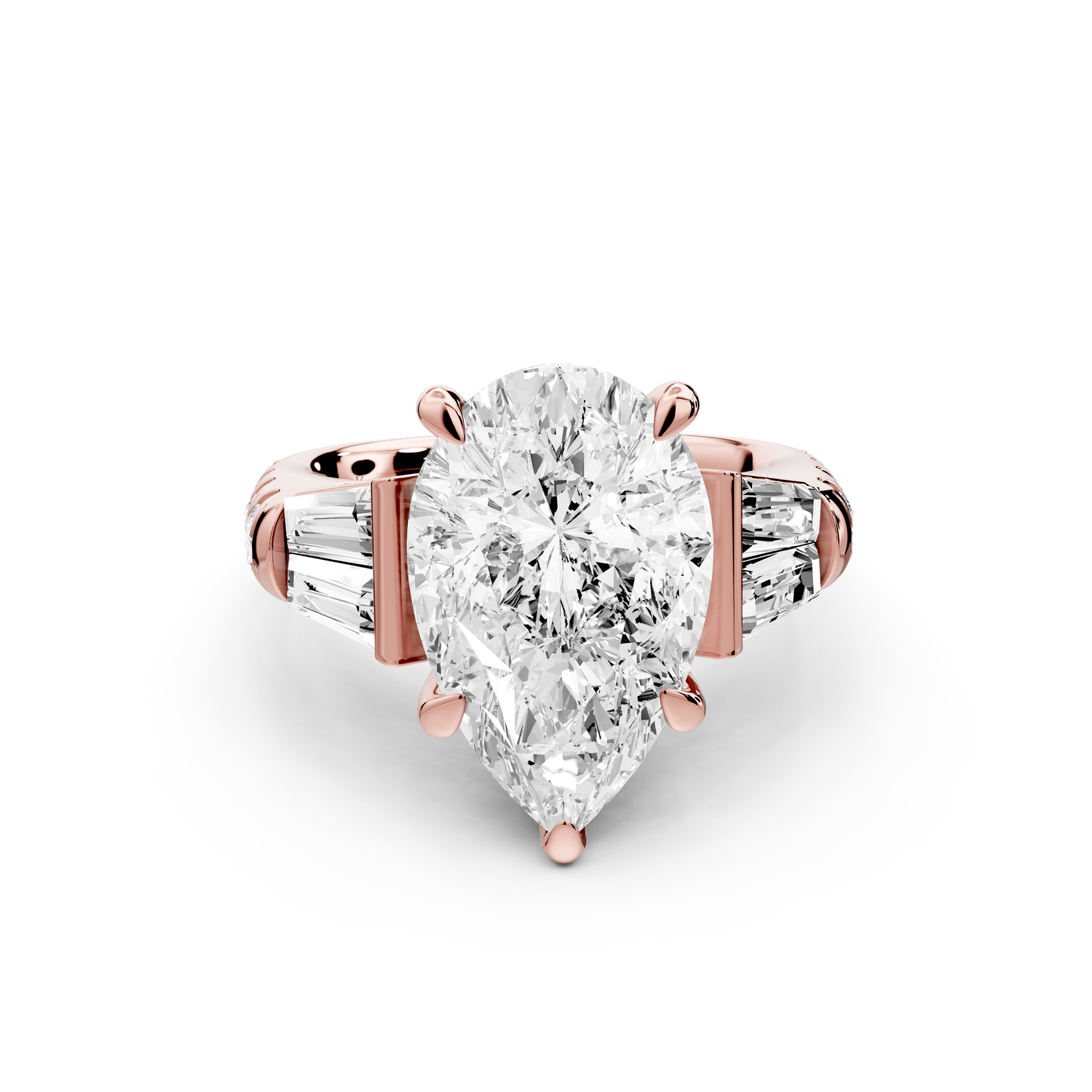 Aria - 5ct 18k rose gold pear Diamond with tapered baguettes and round accent stones Engagement ring