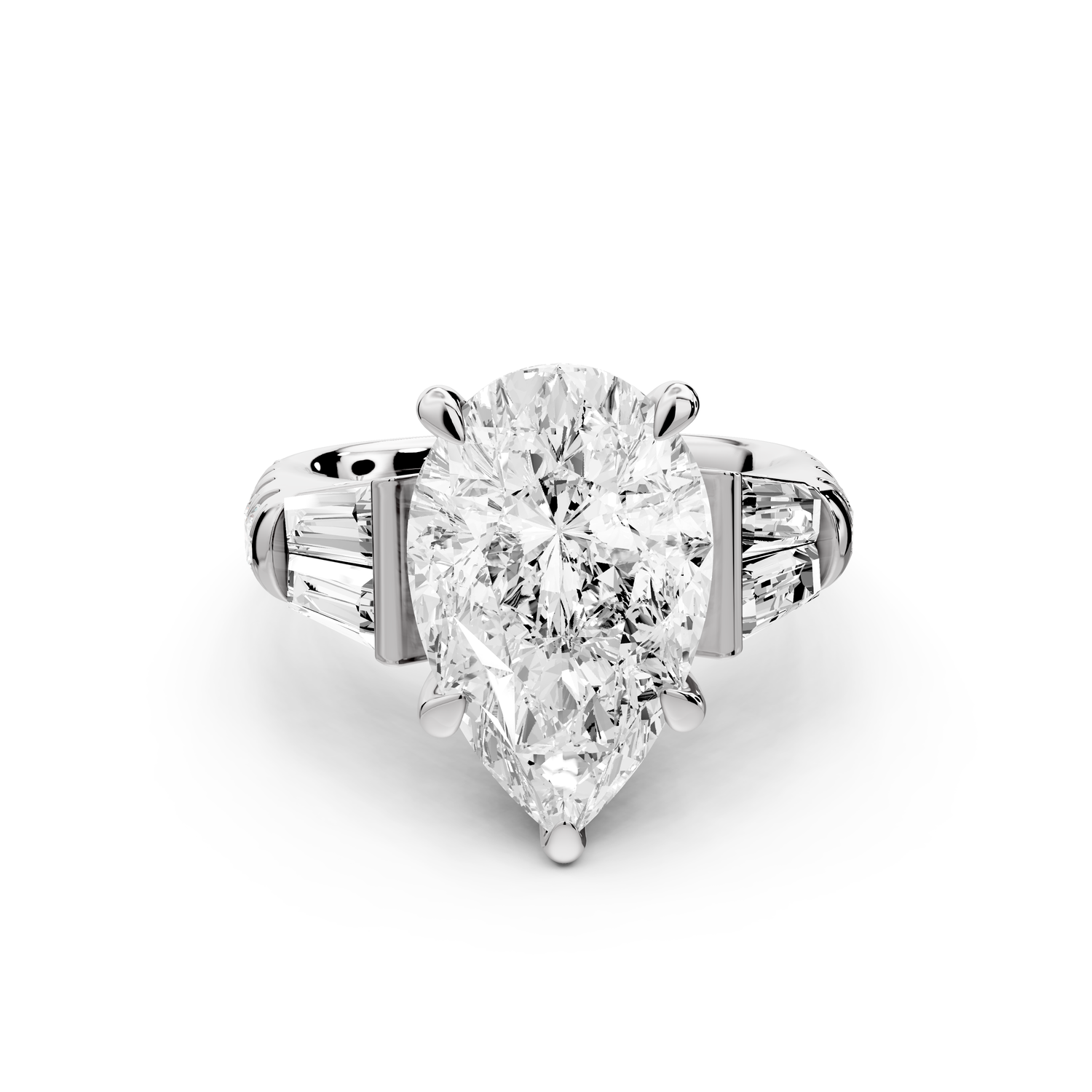 Aria - 5ct 18k white gold pear Diamond with tapered baguettes and round accent stones Engagement ring