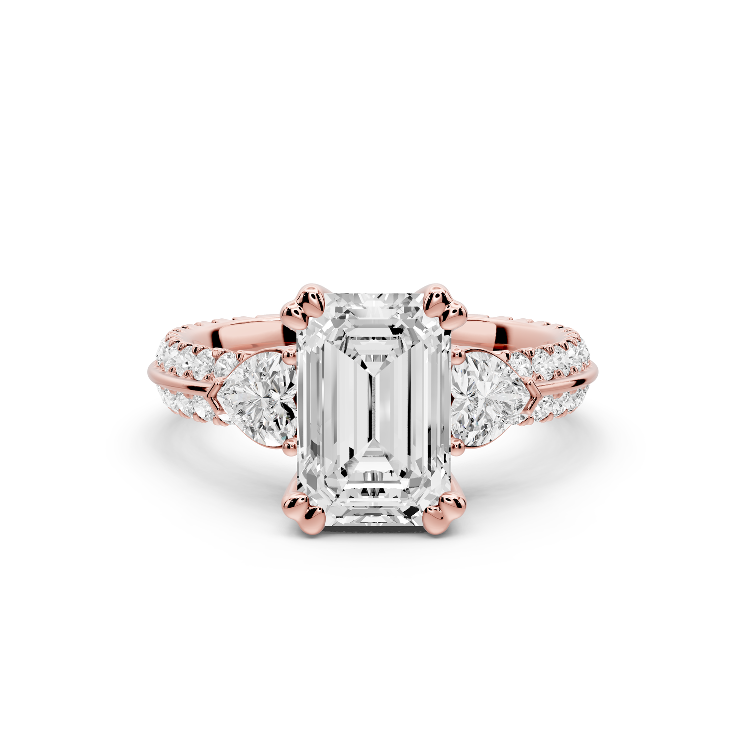 Elinor - 2ct 14k rose gold emerald diamond Double talon prongs with two heart side stones and rollover pavé engagement ring