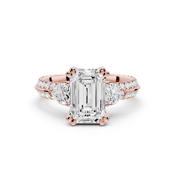 Elinor - 2ct 14k rose gold emerald diamond Double talon prongs with two heart side stones and rollover pavé engagement ring