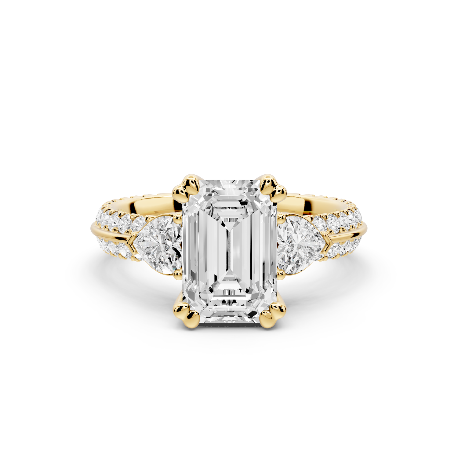 Elinor - 2ct 14k yellow gold emerald diamond Double talon prongs with two heart side stones and rollover pavé engagement ring