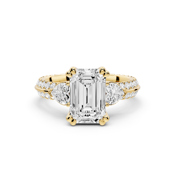 Elinor - 2ct 14k yellow gold emerald diamond Double talon prongs with two heart side stones and rollover pavé engagement ring