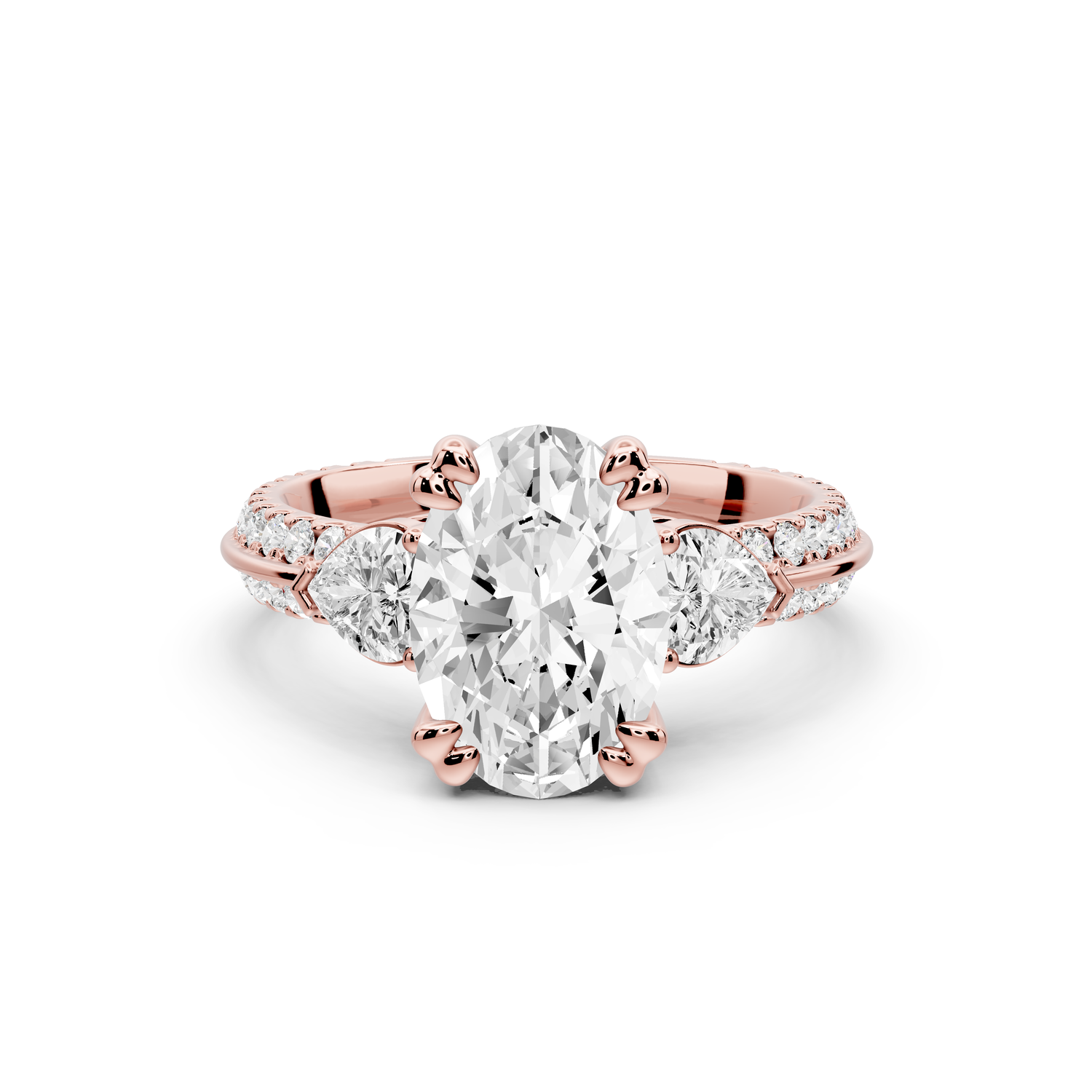 Elinor - 2ct 14k rose gold oval diamond Double talon prongs with two heart side stones and rollover pavé engagement ring