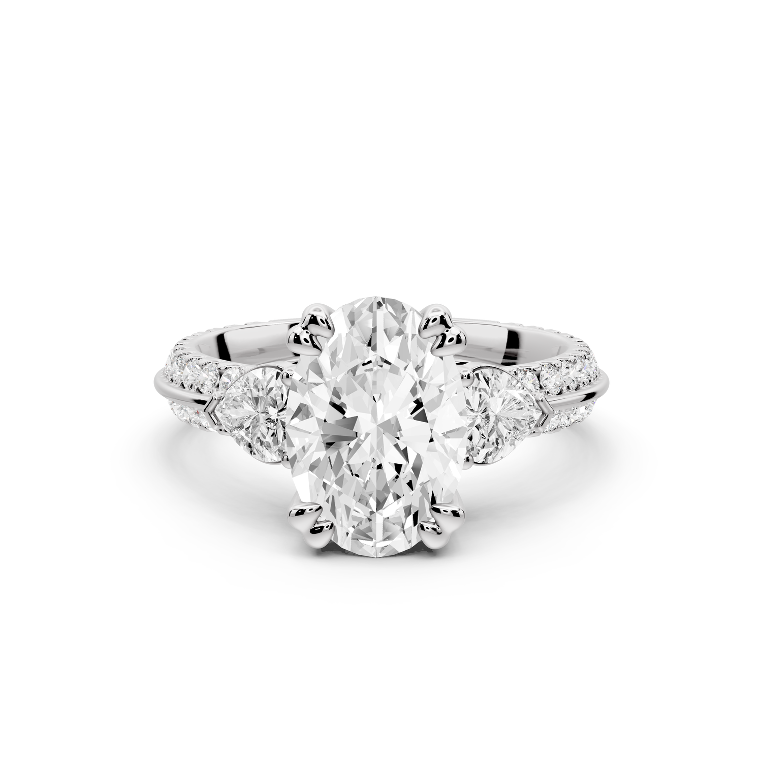 Elinor - 2ct 14k white gold oval diamond Double talon prongs with two heart side stones and rollover pavé engagement ring
