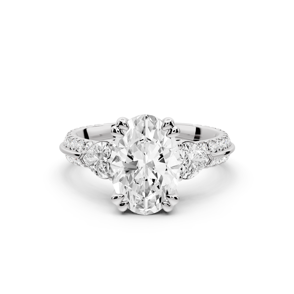 Elinor - 2ct 14k white gold oval diamond Double talon prongs with two heart side stones and rollover pavé engagement ring