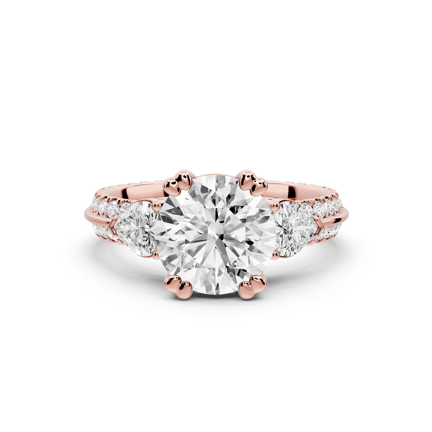 Elinor - 2ct 14k rose gold round diamond Double talon prongs with two heart side stones and rollover Pavé engagement ring