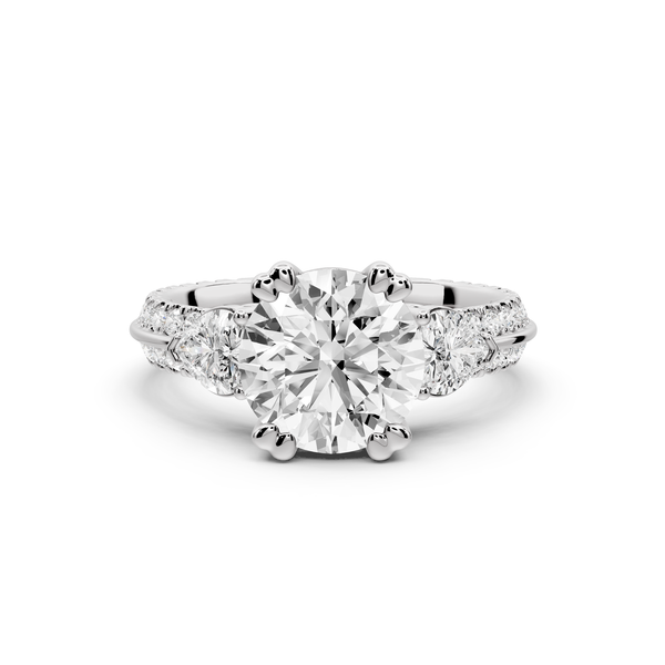 Elinor - 2ct 14k white gold round diamond Double talon prongs with two heart side stones and rollover Pavé engagement ring
