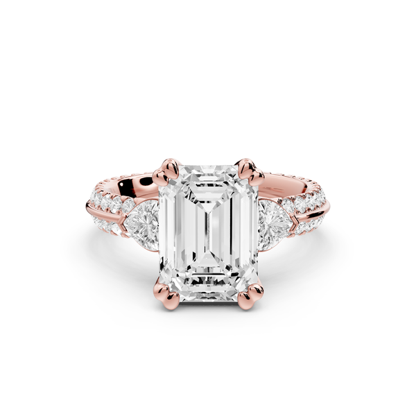 Elinor - 3ct 14k rose gold emerald diamond Double talon prongs with two heart side stones and rollover pavé engagement ring
